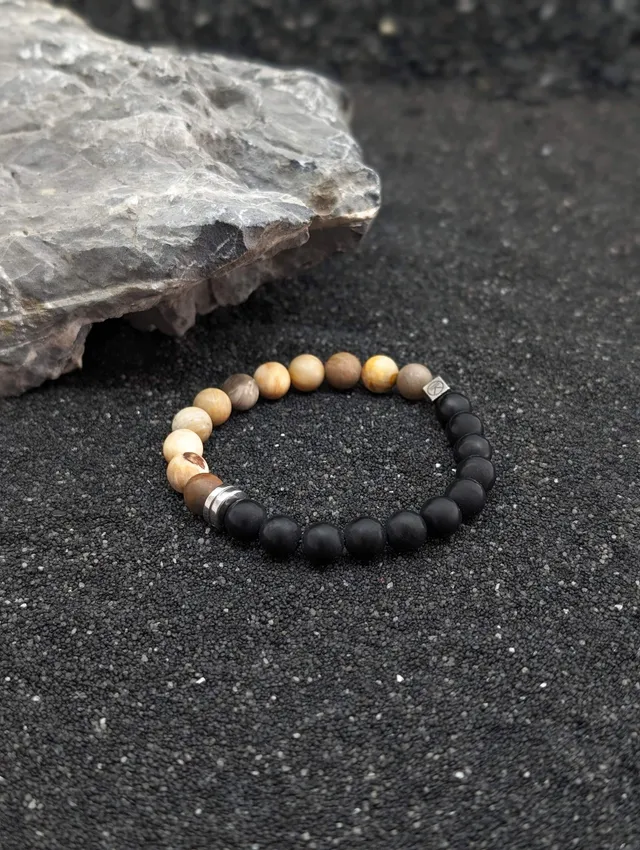 IKOBA Bracelets Bois Fossilisé Agate Noire 8 mm Bicolore Dépoli