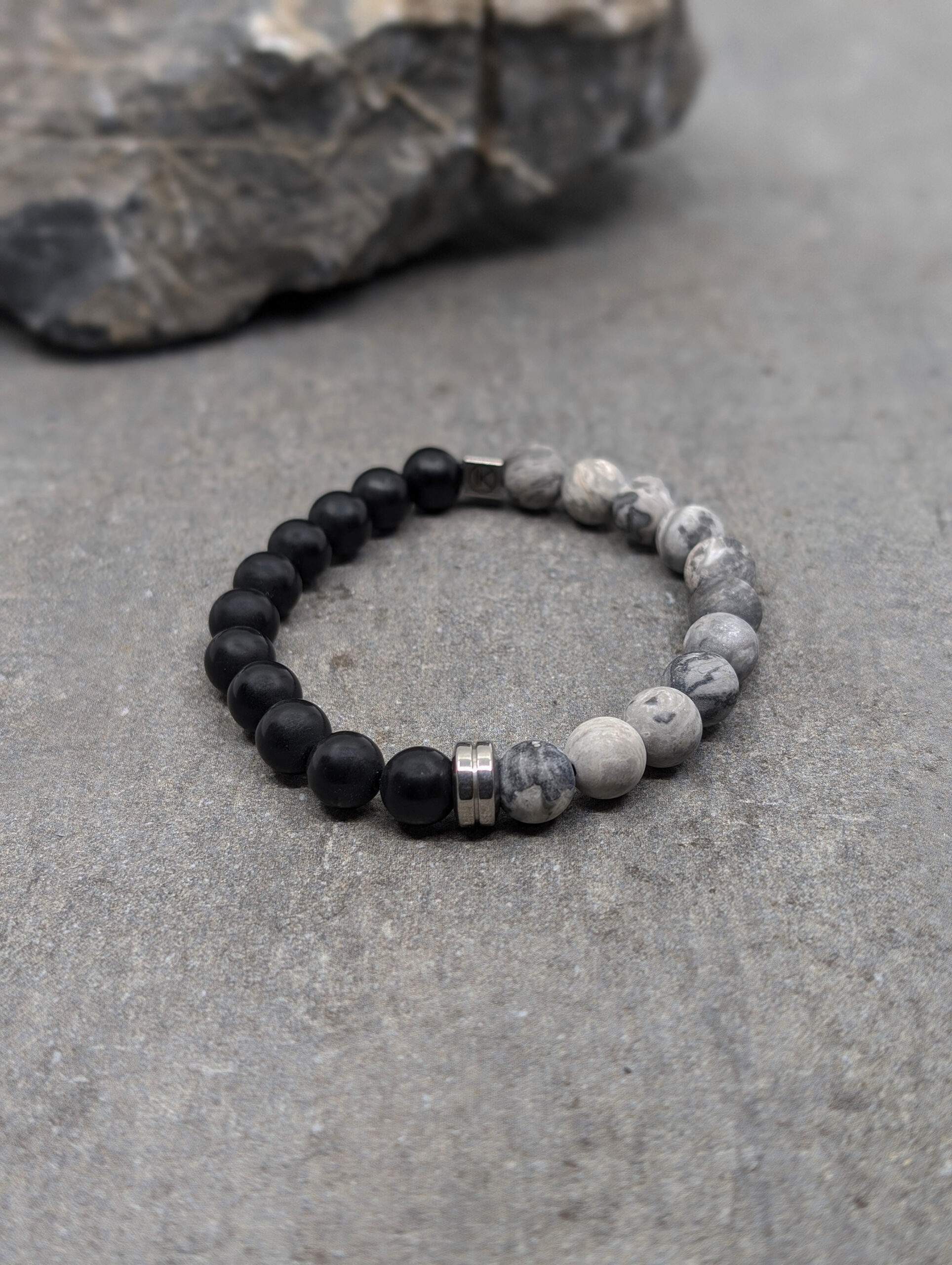 IKOBA Bracelet Jaspe Paysage Gris Agate Noire 8 mm