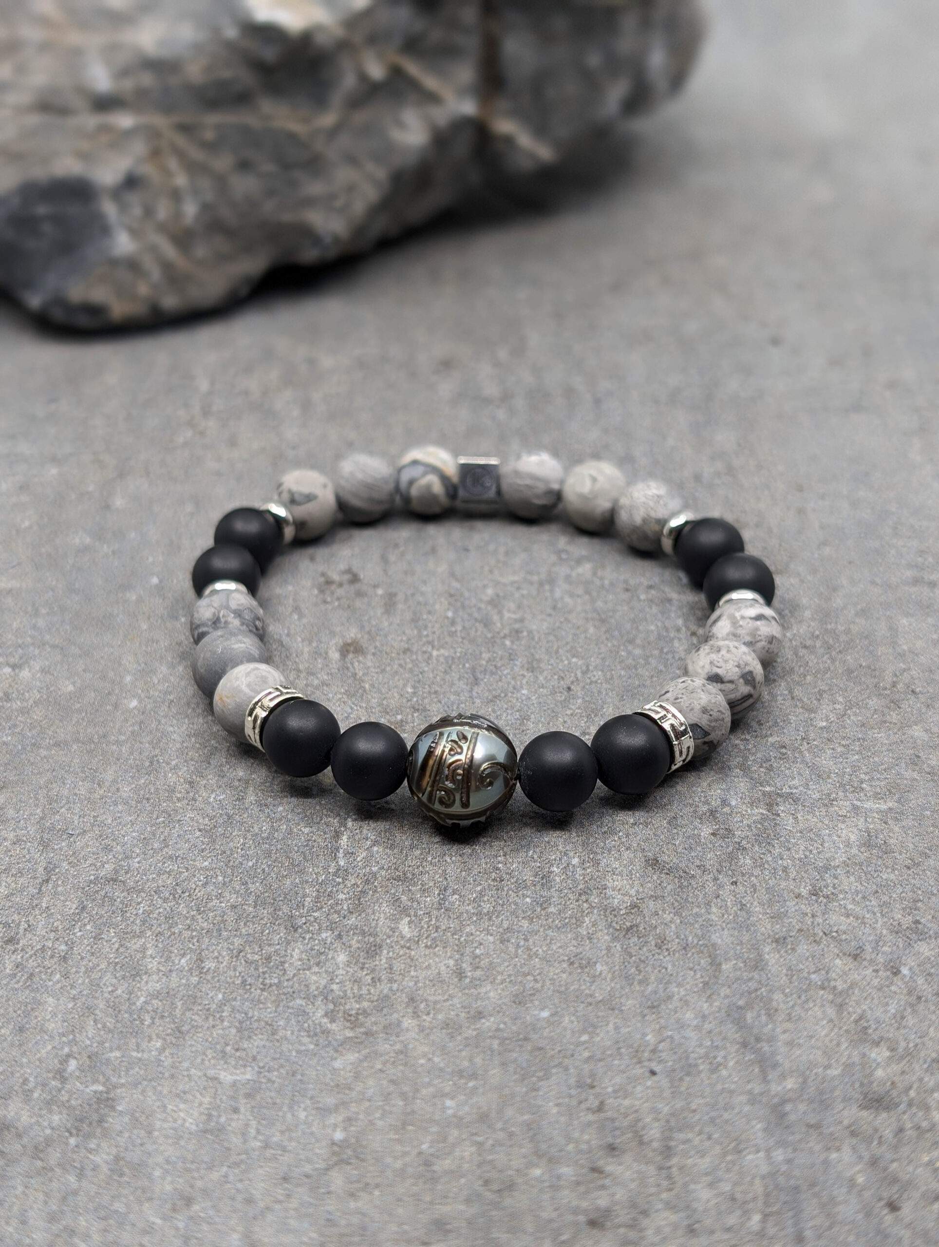 IKOBA Jaspe Paysage bracelet agate perle Tahiti gravée