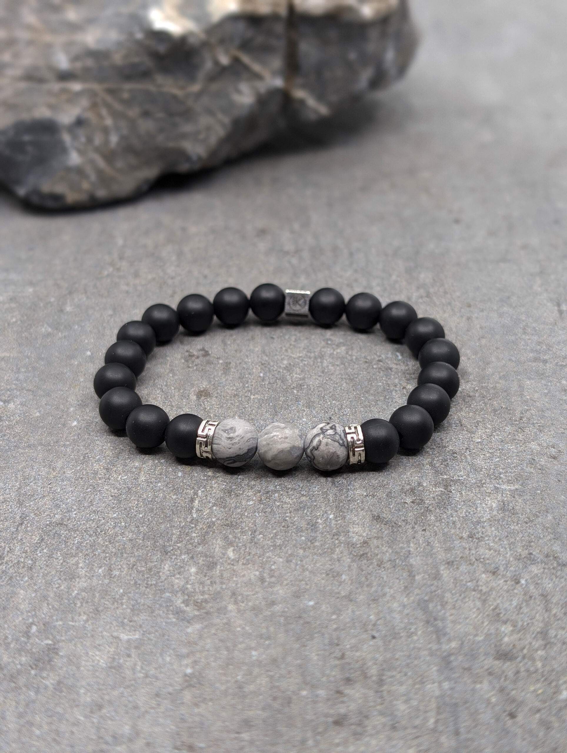 IKOBA Bracelet jaspe paysage agate noire 8mm
