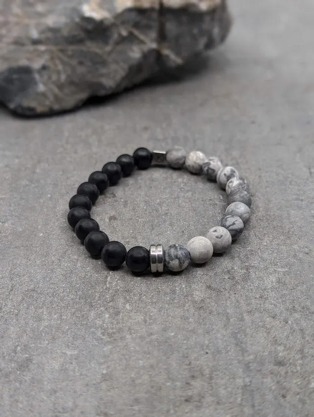 IKOBA Bracelet Jaspe Paysage Gris Agate Noire 8 mm