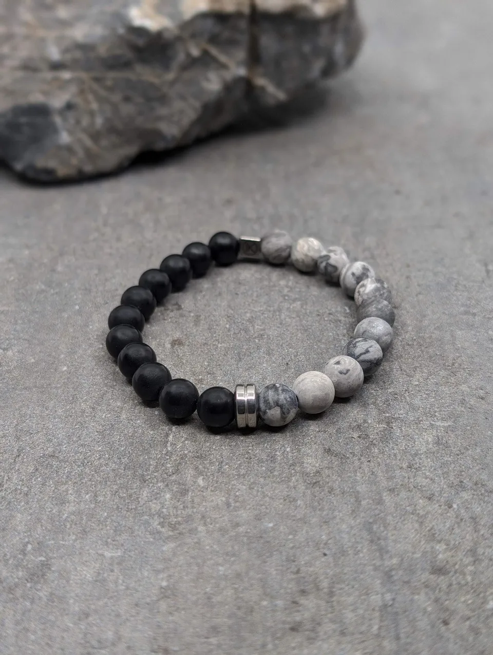 IKOBA Bracelet Jaspe Paysage Gris Agate Noire 8 mm