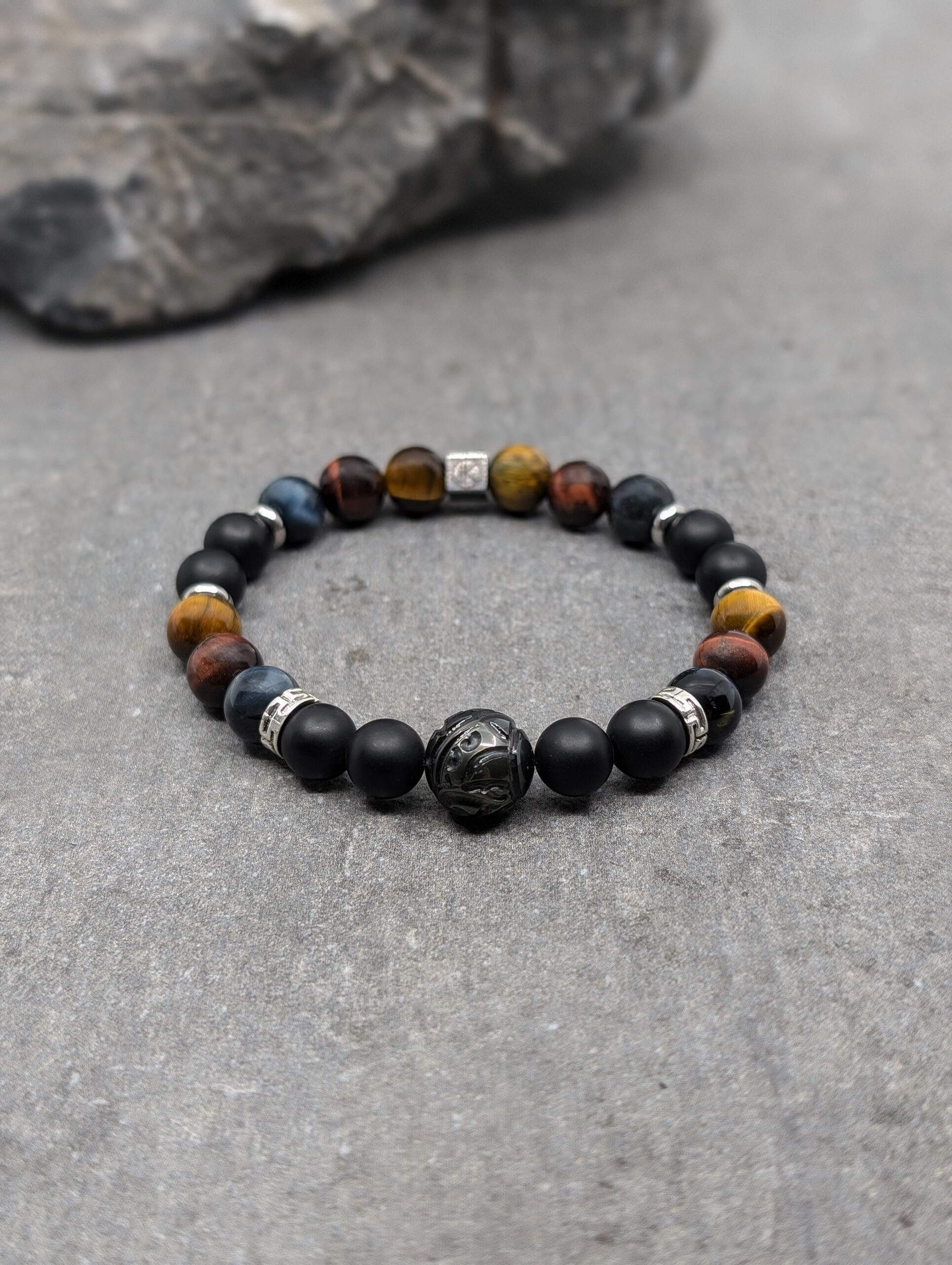 IKOBA Bracelet Trois Yeux Agate Noire Perle Tahiti Gravée 8mm