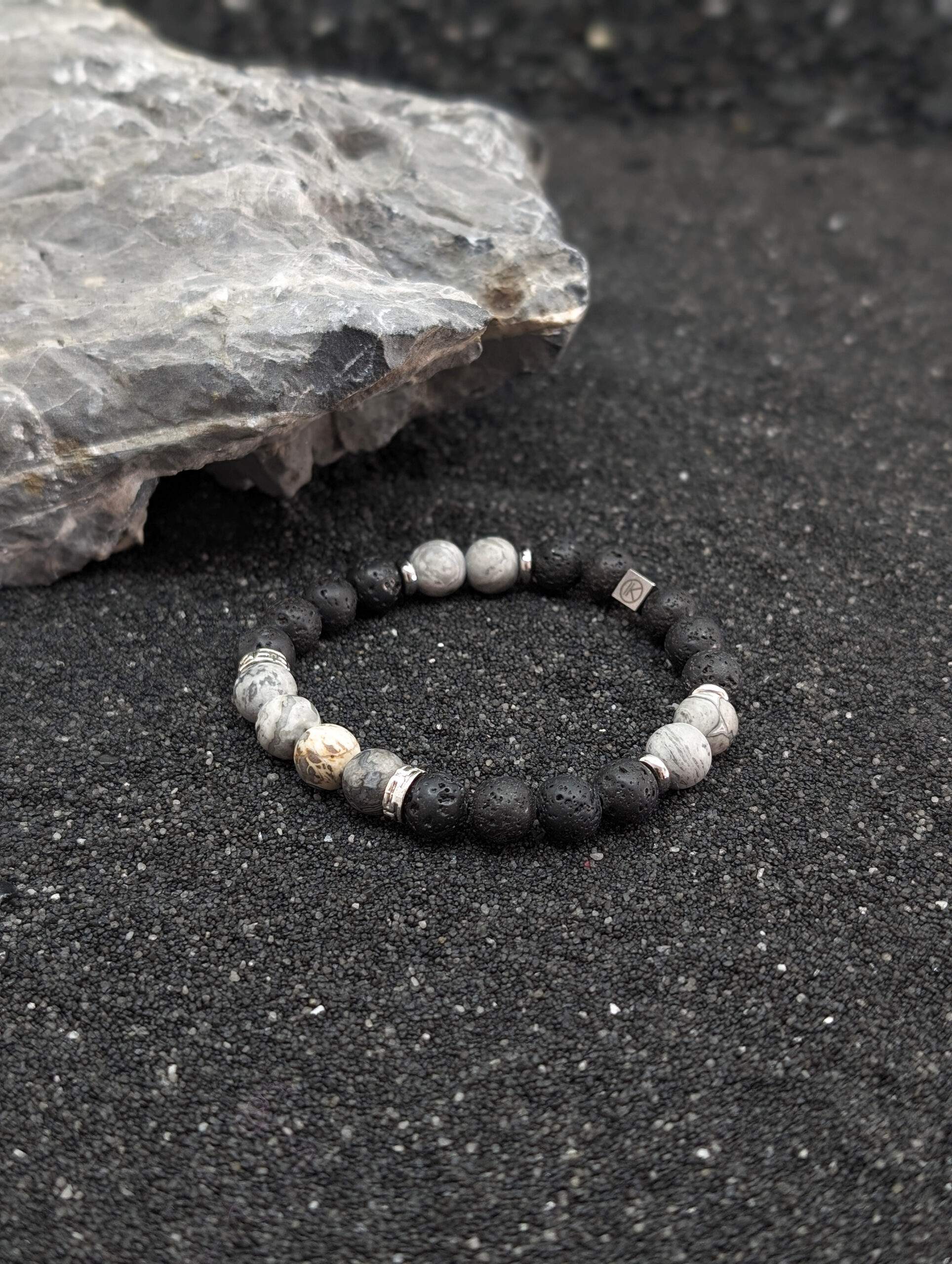 IKOBA Bracelet Jaspe Paysage Gris Pierre de Lave 8 mm