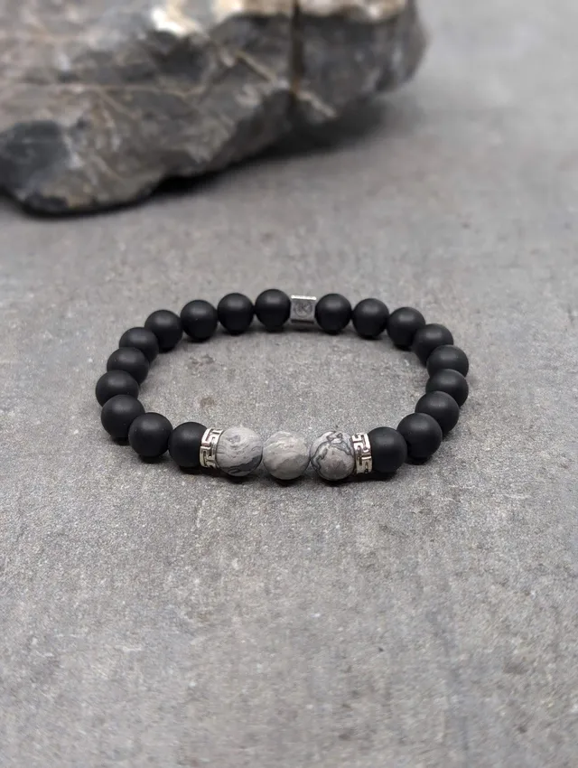 IKOBA Bracelet jaspe paysage agate noire 8mm