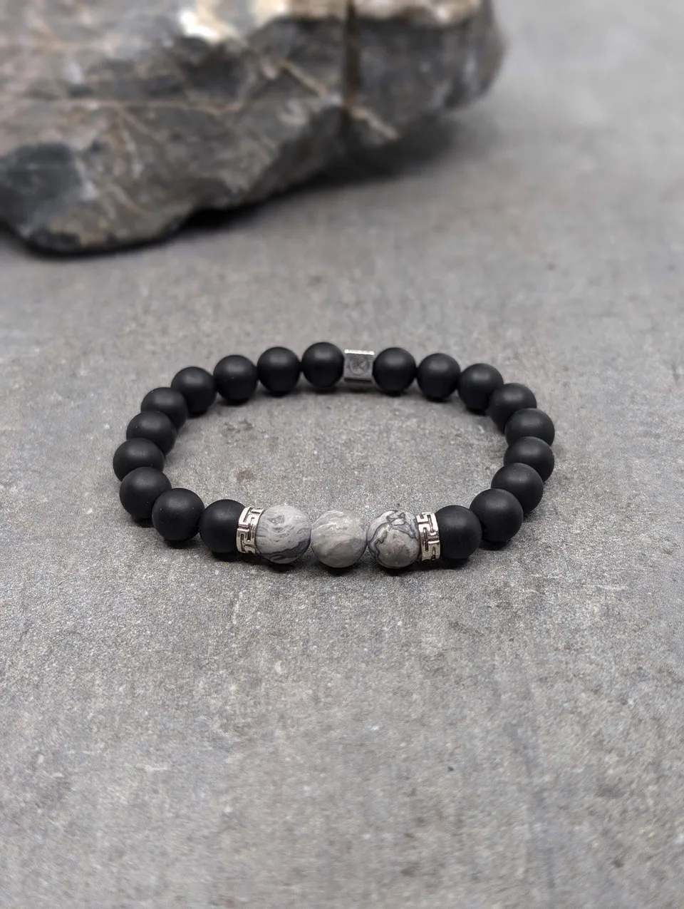 IKOBA Bracelet jaspe paysage agate noire 8mm