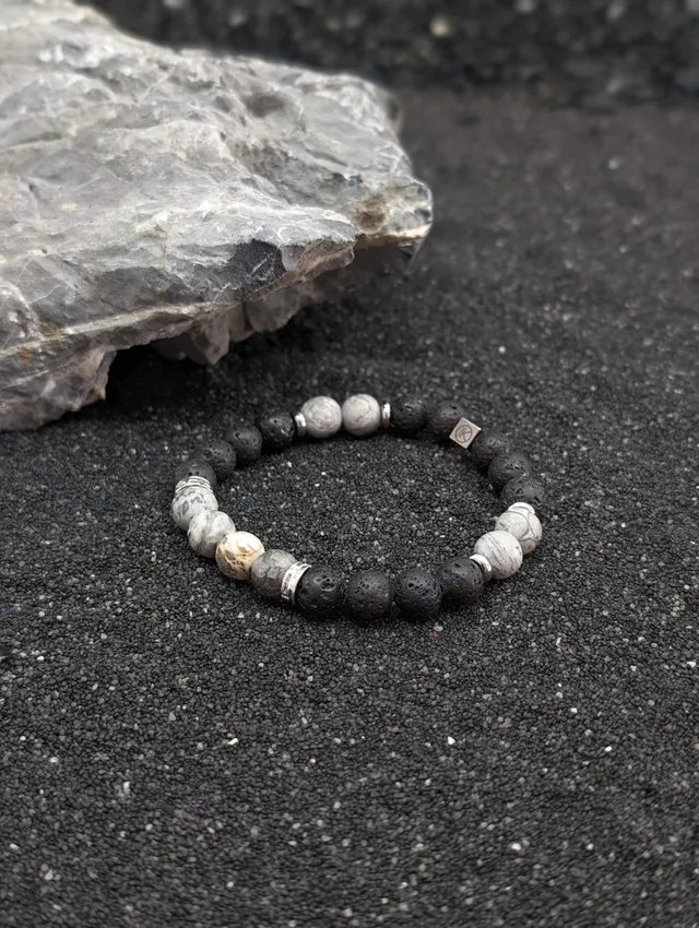 IKOBA Bracelet Jaspe Paysage Gris Pierre de Lave 8 mm