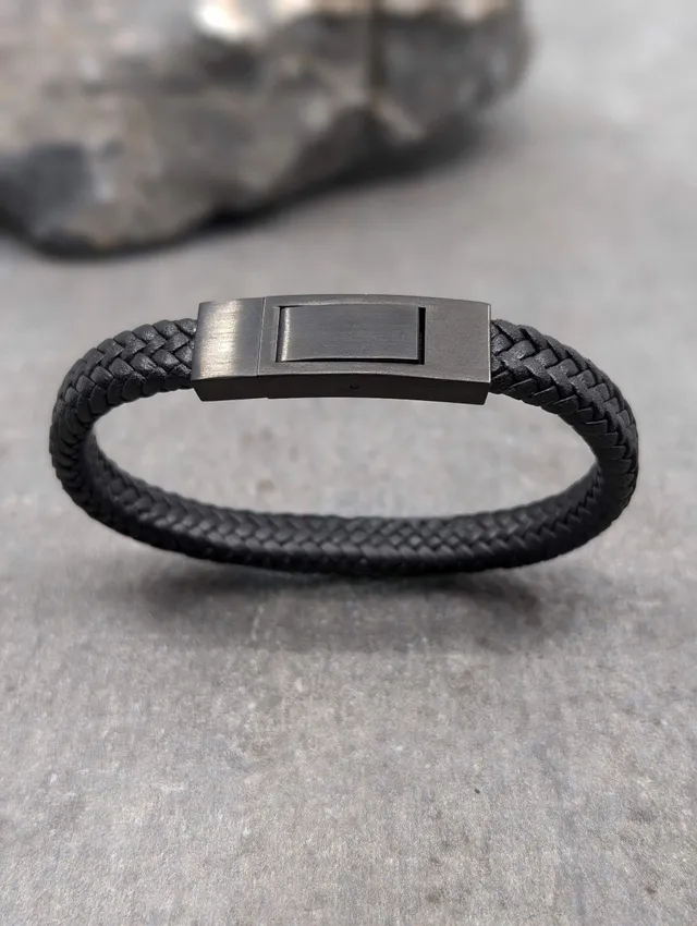 IKOBA Bracelets Cuir Plat Noir Fermoir Noir Mat Acier Inoxydable