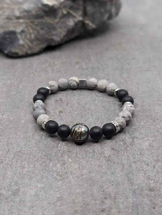 IKOBA Jaspe Paysage bracelet agate perle Tahiti gravée