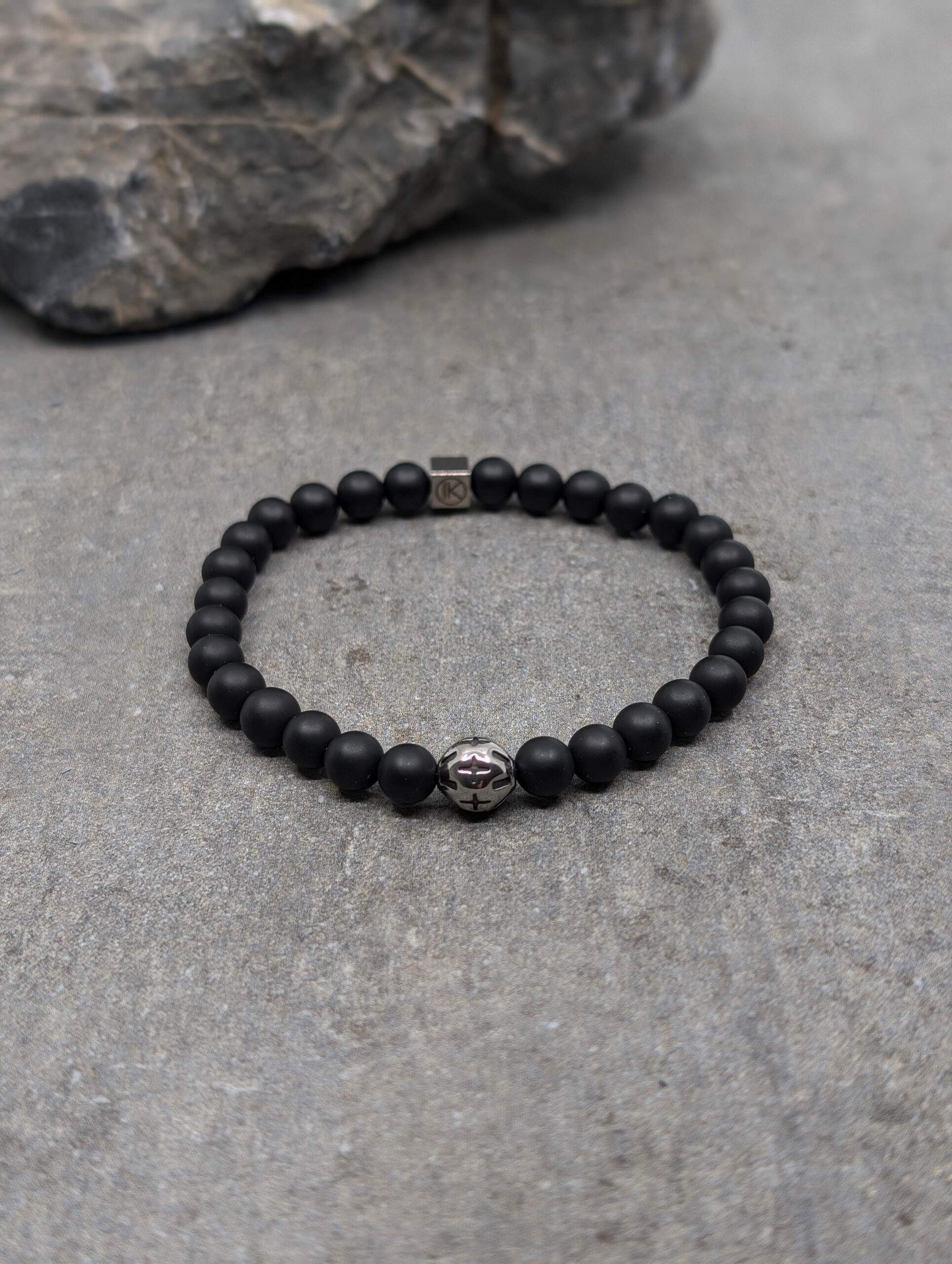 IKOBA Bracelet Agate Noire 6 mm Motif Acier Inoxydable