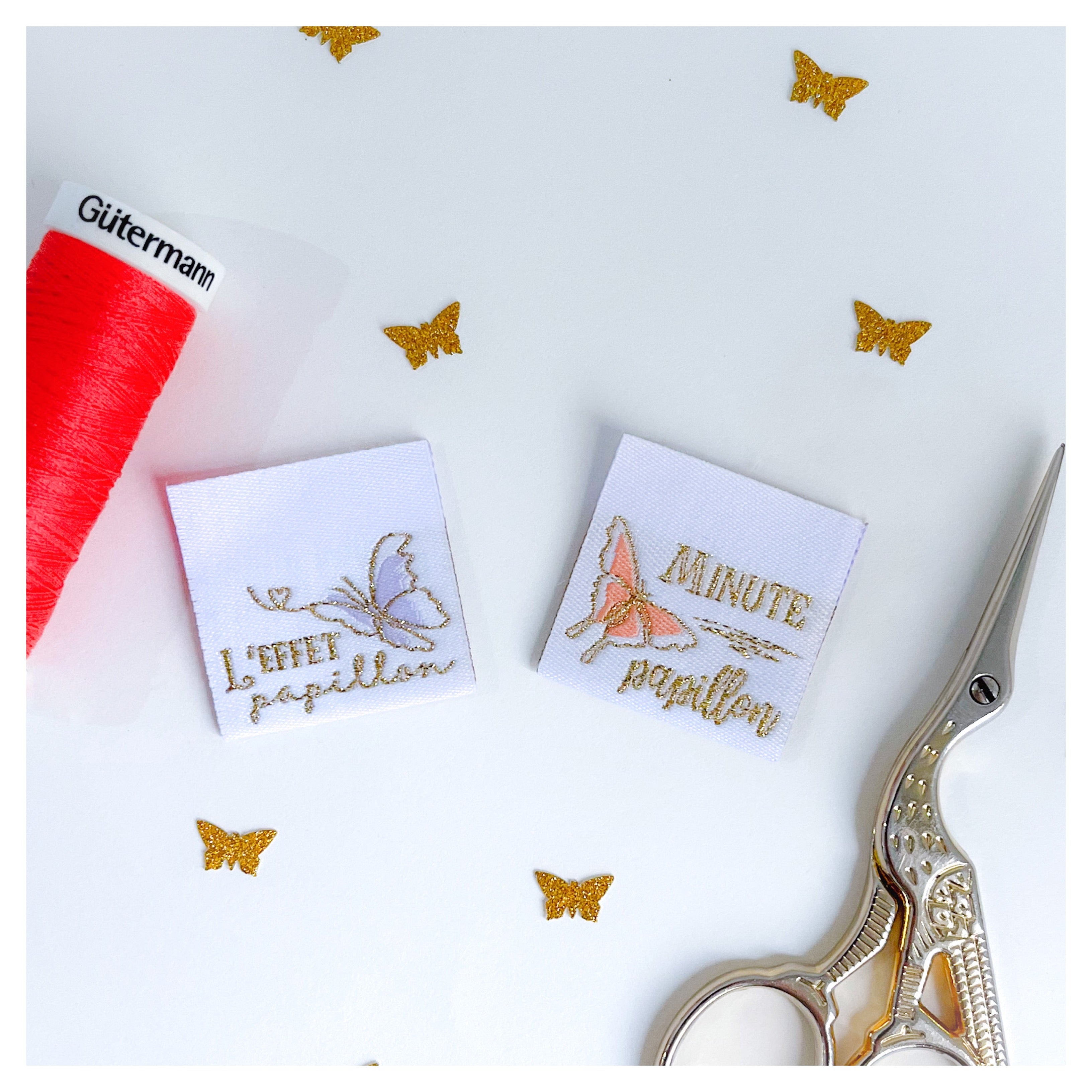 Laeti & Léa Duo papillons étiquettes à coudre tissées lot de 2