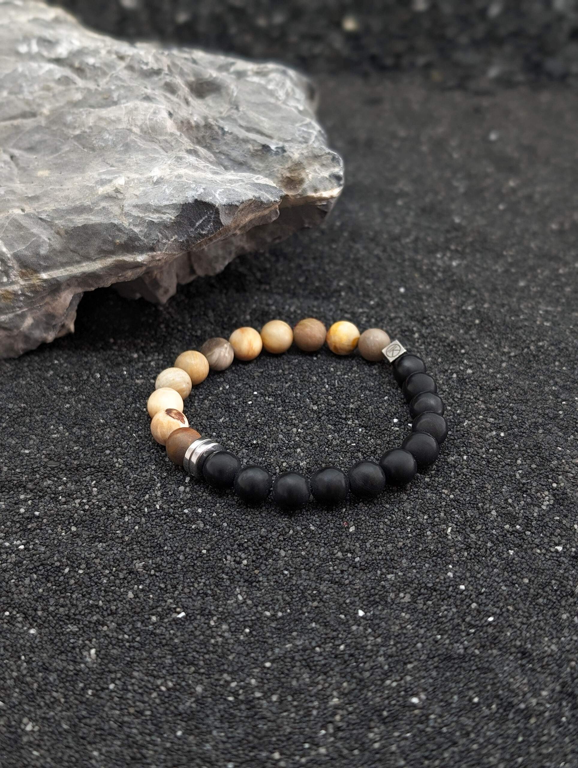 IKOBA Bracelets Bois Fossilisé Agate Noire 8 mm Bicolore Dépoli