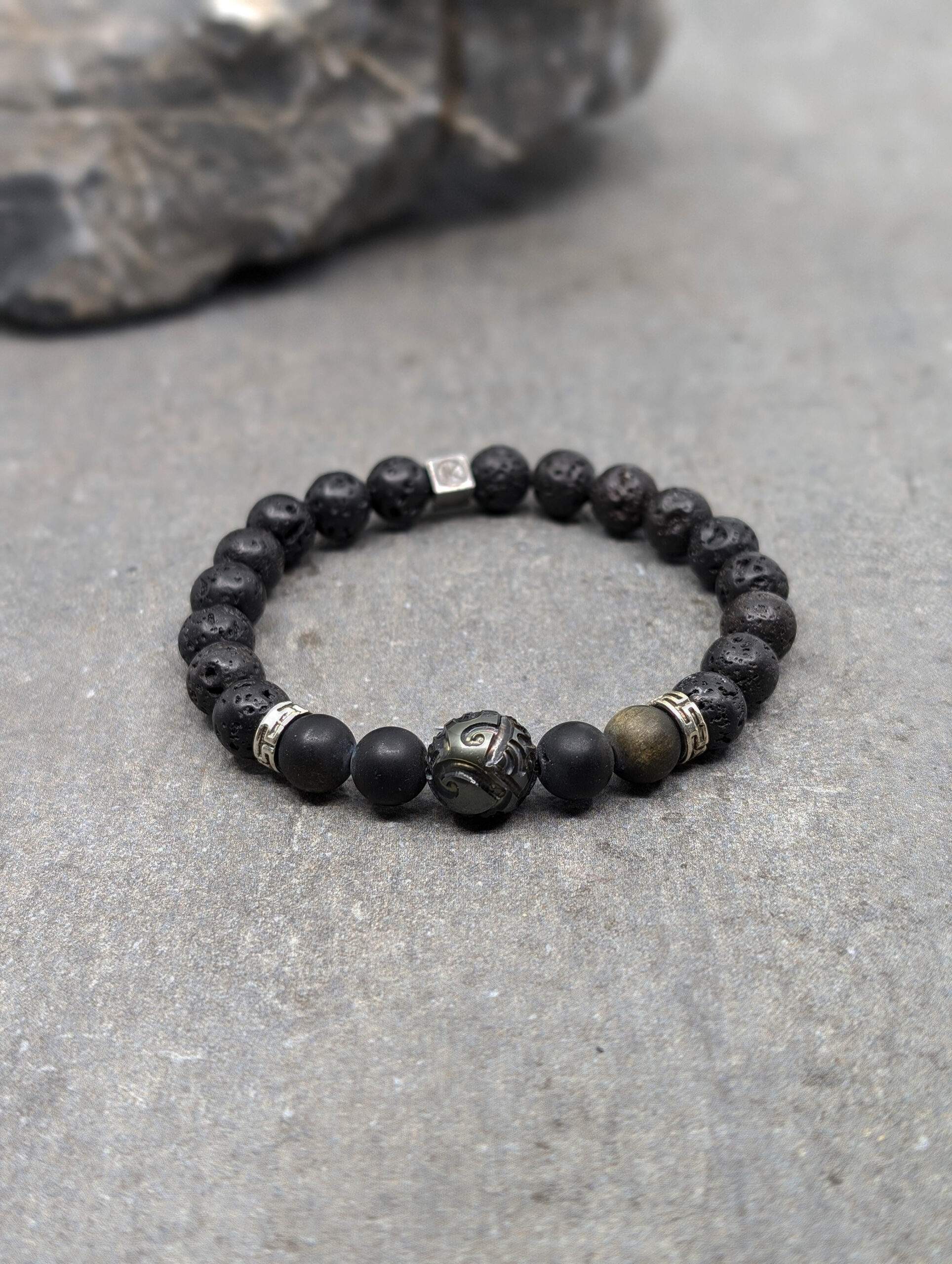 IKOBA Bracelet Obsidienne Dorée Lave Perle Tahiti Gravée 8mm