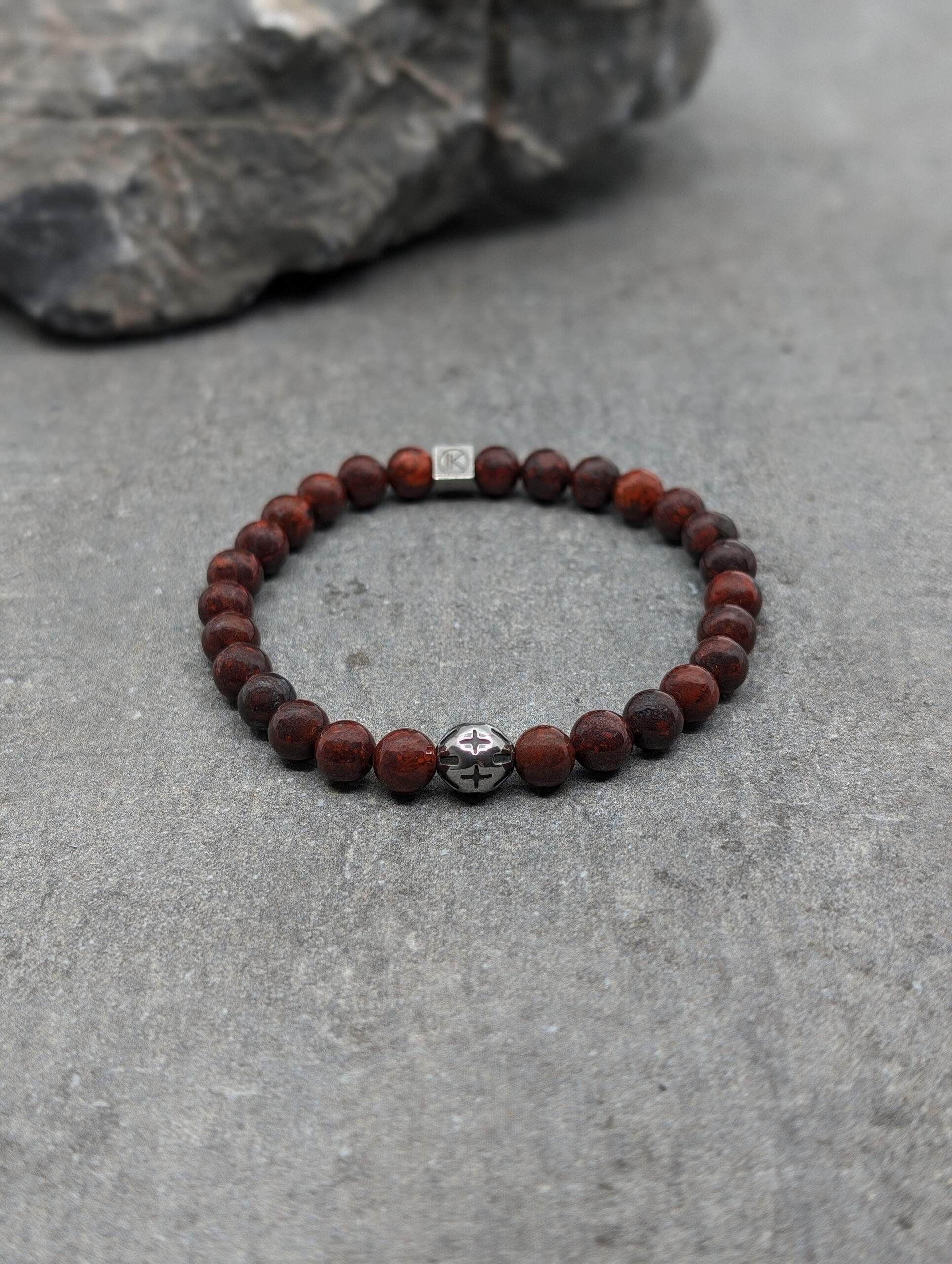 IKOBA Bracelets jaspe rouge 6mm bracelet motif acier