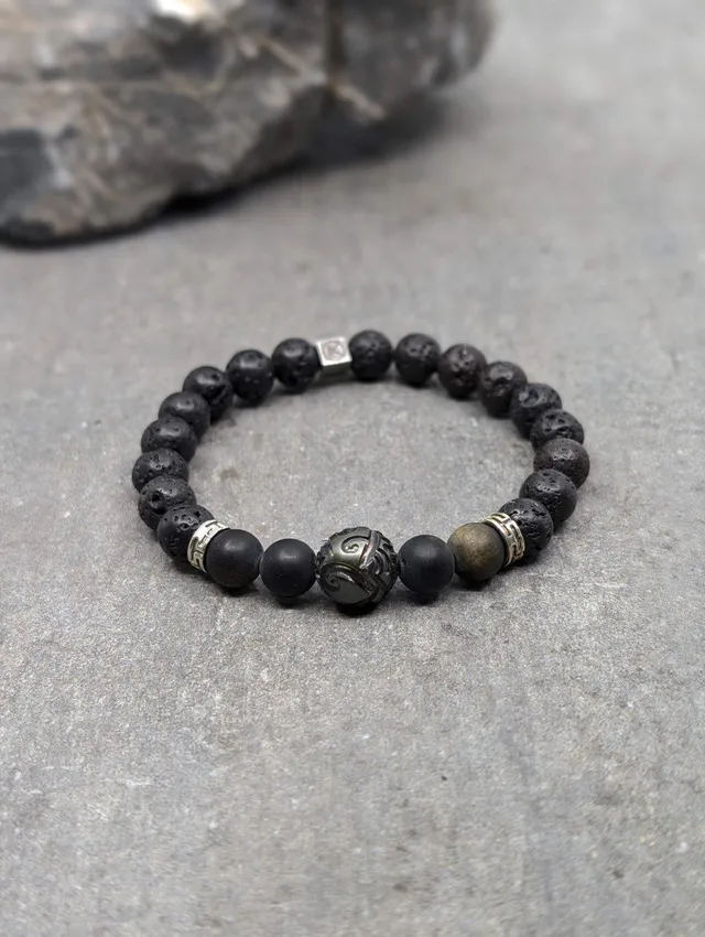 IKOBA Bracelet Obsidienne Dorée Lave Perle Tahiti Gravée 8mm