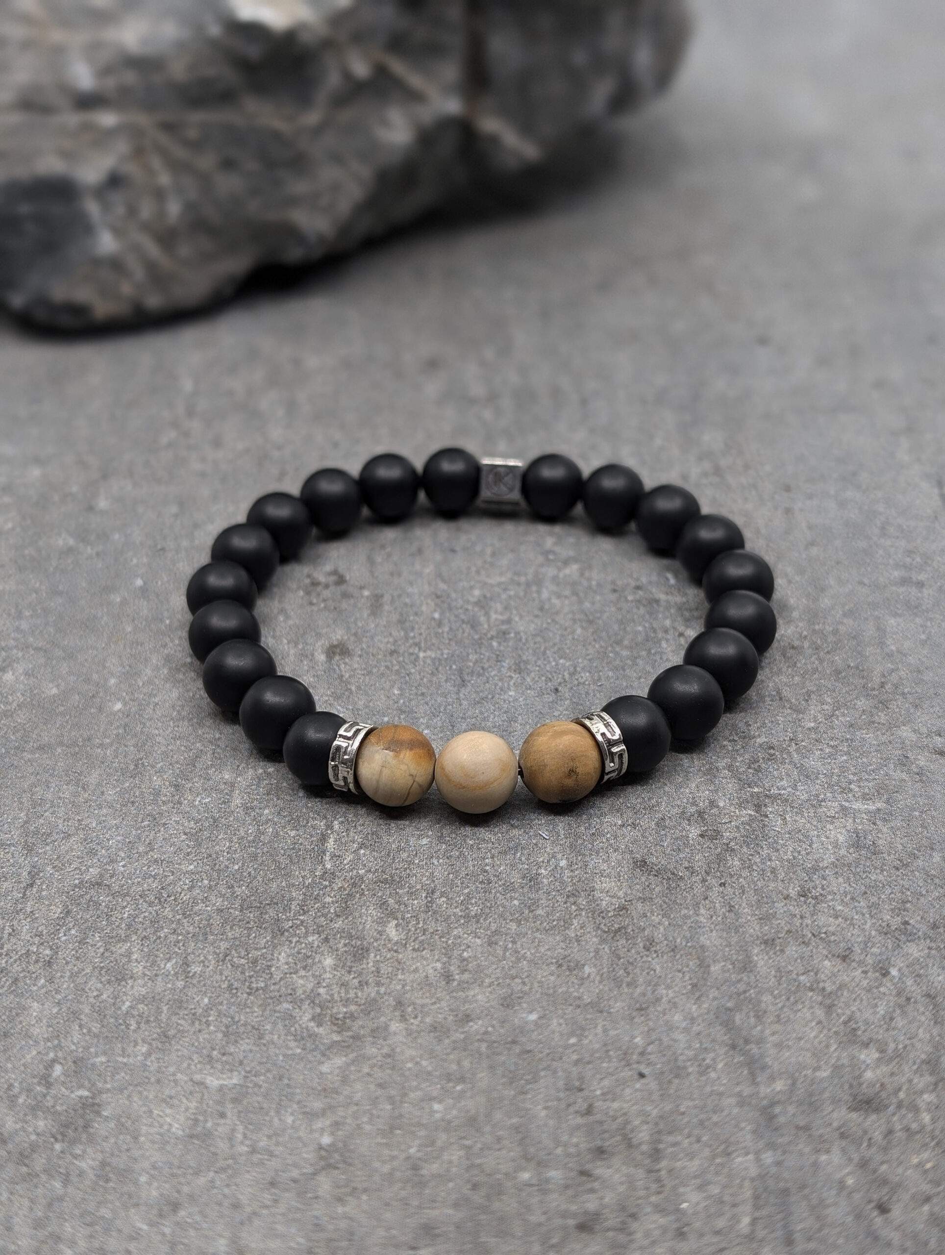 IKOBA Bracelets bois fossilisé agate noire 8mm bracelet dépoli