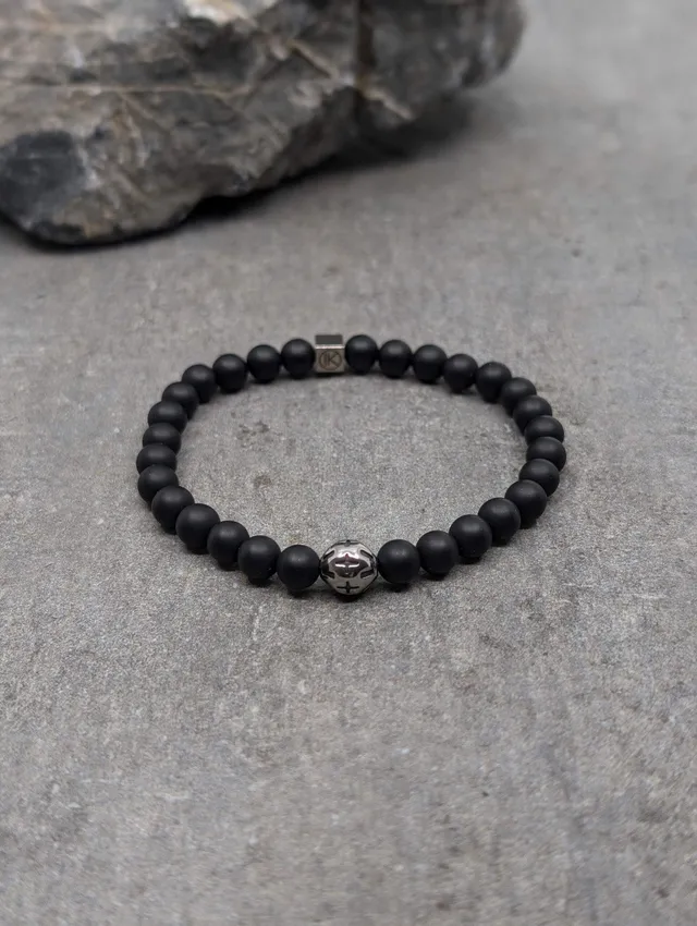 IKOBA Bracelet Agate Noire 6 mm Motif Acier Inoxydable