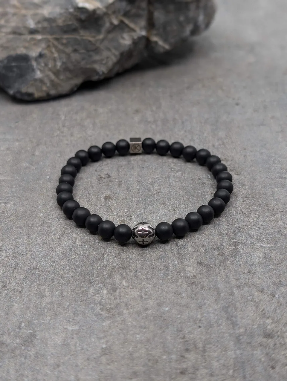 IKOBA Bracelet Agate Noire 6 mm Motif Acier Inoxydable