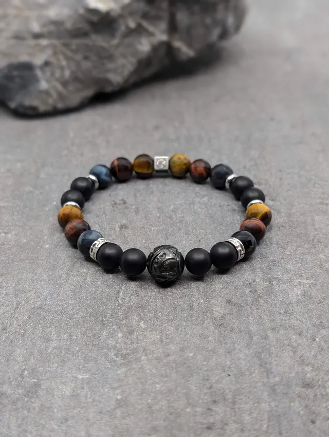 IKOBA Bracelet Trois Yeux Agate Noire Perle Tahiti Gravée 8mm