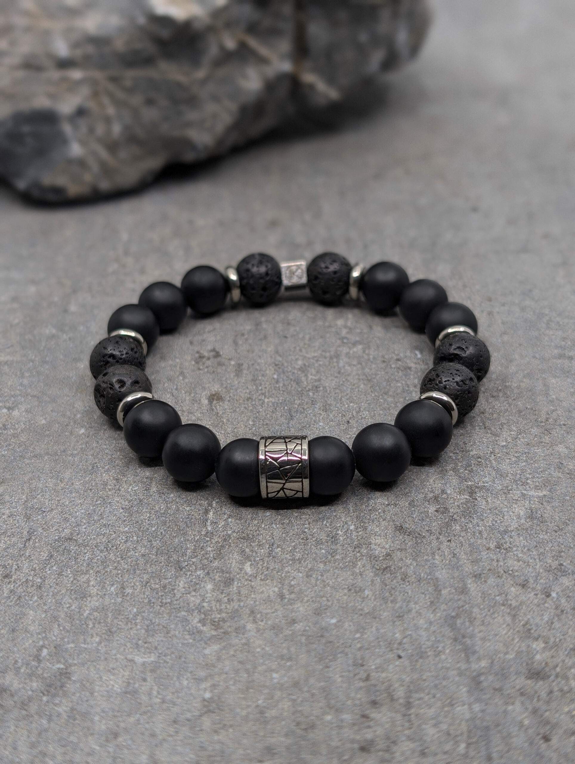 IKOBA Bracelet Agate Noire Dépolie Pierre de Lave 10 mm