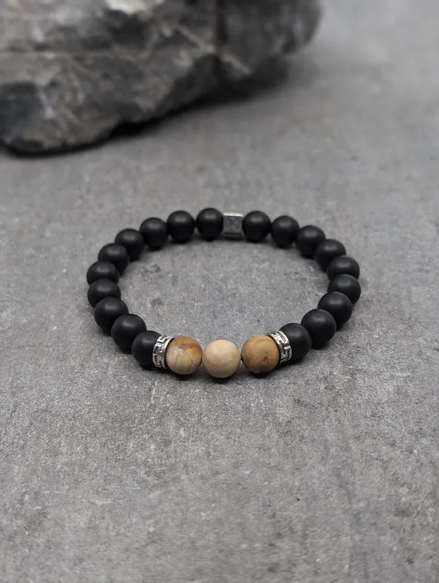 IKOBA Bracelets bois fossilisé agate noire 8mm bracelet dépoli